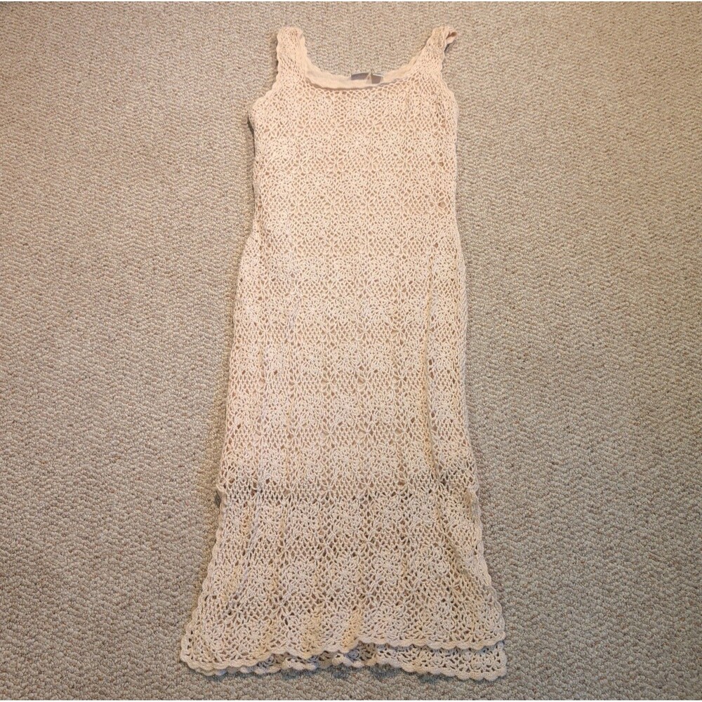 Newport News Crochet Maxi Dress Womens Large Cream Sleeveless Boho Beach Coastal